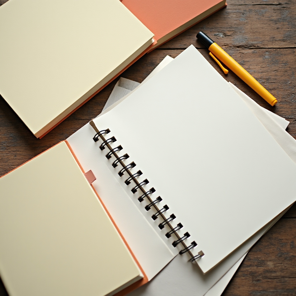 Cuadernos de trabajo y material del taller organizados sobre una mesa de madera
