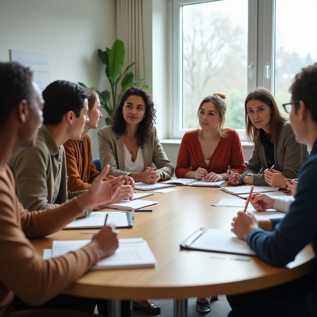 Grupo de doce personas sentadas alrededor de una mesa redonda durante una sesión de formación