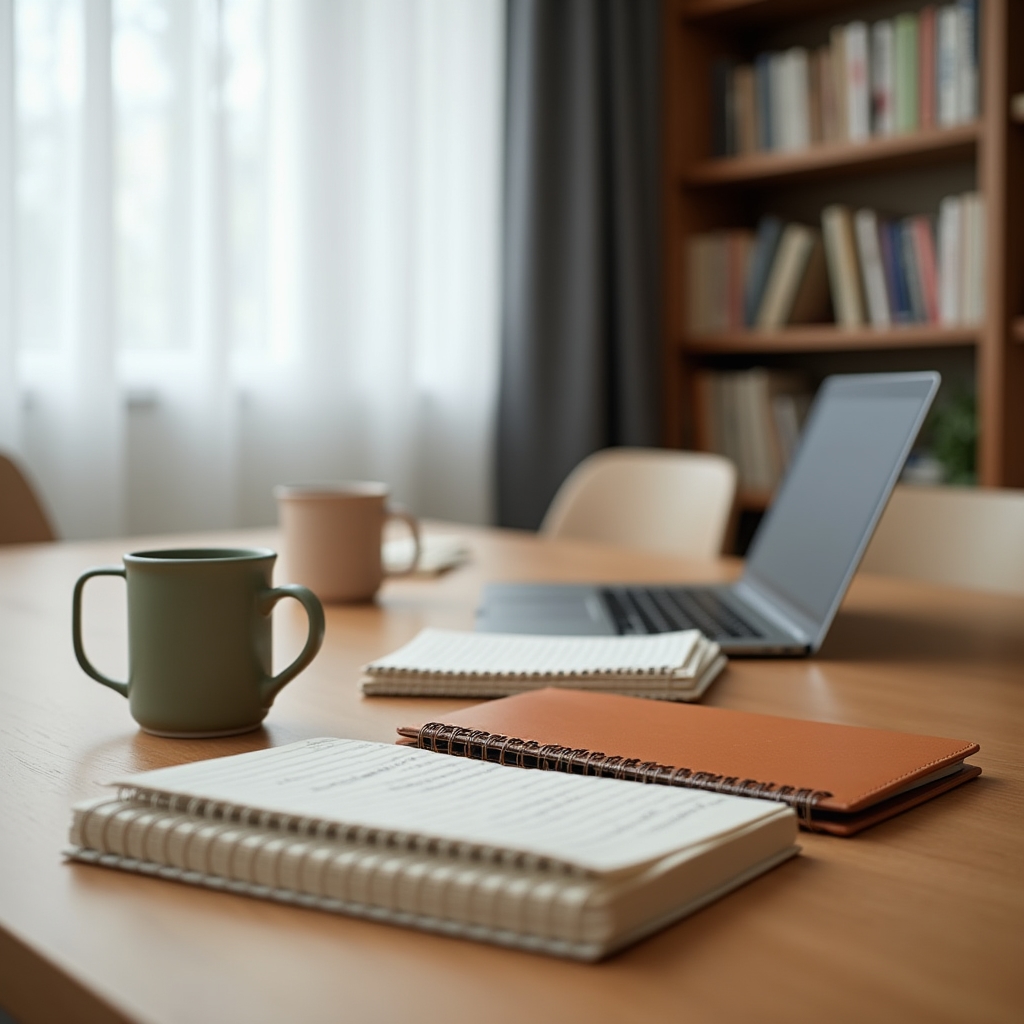 Mesa de reunión preparada con cuadernos y portátil para una simulación de negociación salarial