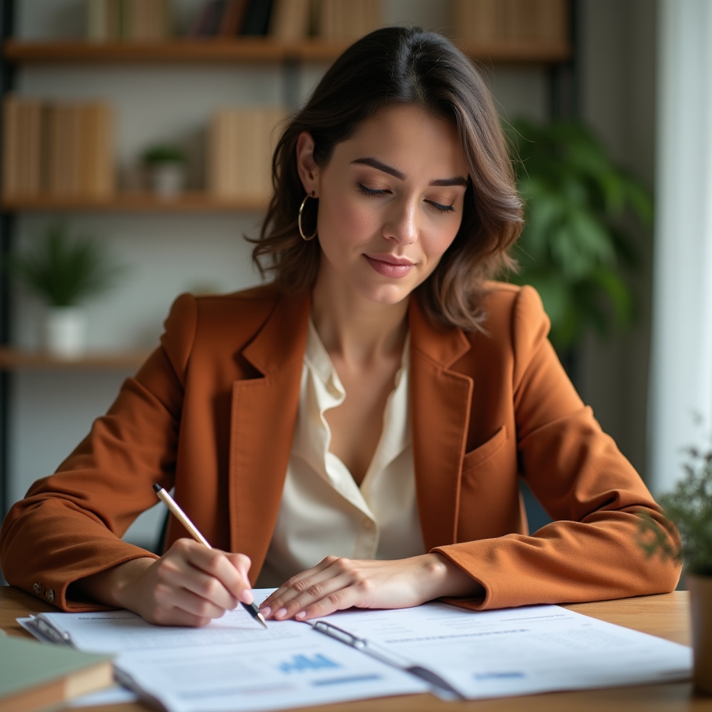 Mujer emprendedora revisando notas y presupuestos antes de una reunión de negociación con un cliente